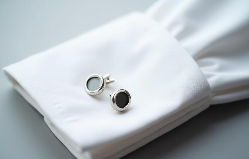 Detail shot of stylish cufflinks on a crisp formal shirt cuff