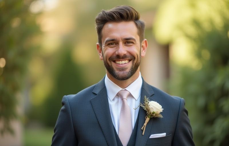 A happy groom smiling, wearing a sharp wedding suit tailored by The Tailored Gent