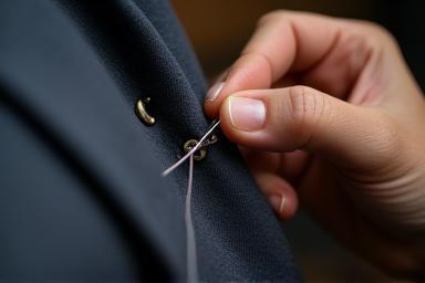 Close up of a tailor's hands working on a suit with needle and thread