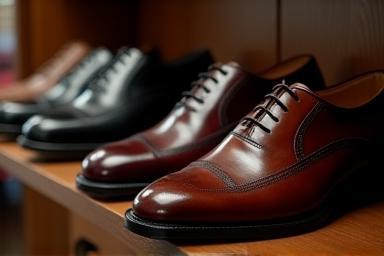 A collection of polished formal leather shoes on a shelf