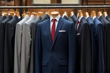 Collection of high-quality suits on display in a boutique setting