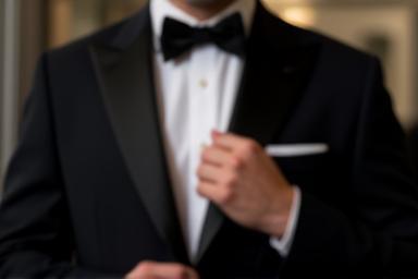 A gentleman adjusting a rental tuxedo during a fitting
