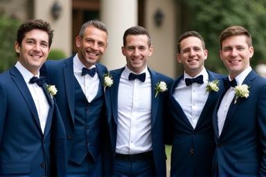 A group of well-dressed groomsmen smiling in matching suits